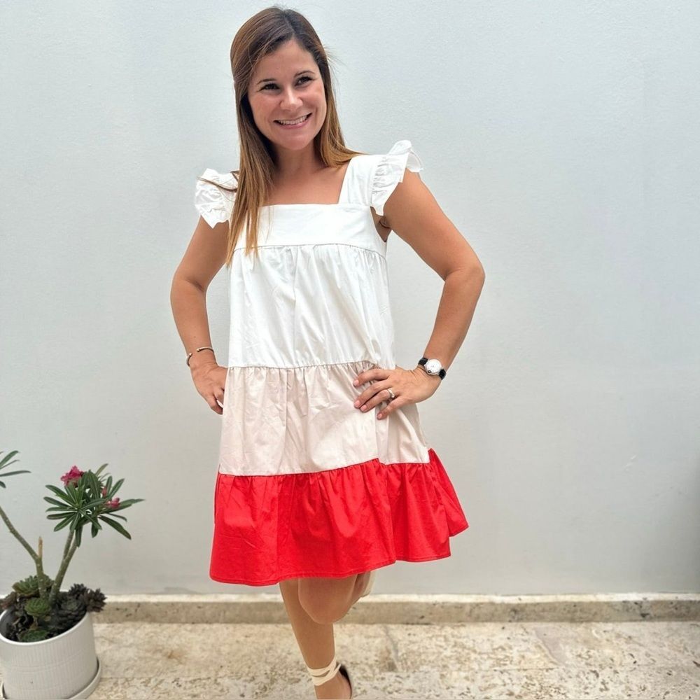 Colorblock Ruffle Sleeve Tiered Mini Dress White Beige Red Summer Sundress M
